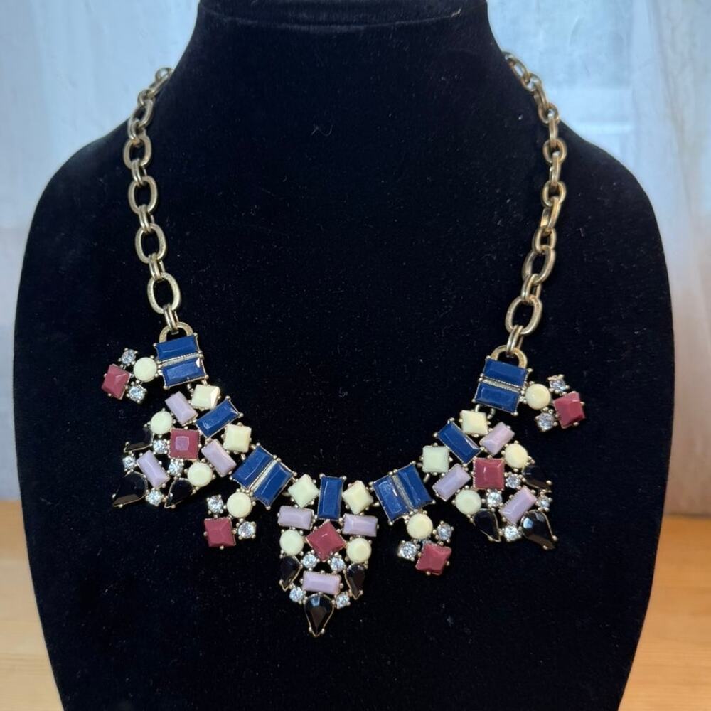 J Crew Statement Necklace Colorful Rhinestone Bib Gold Tone Cluster